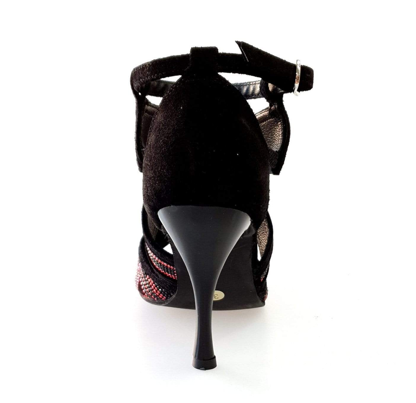 Scarpa da donna JULIJA Glam in camoscio nero con miniborchie rosse e Swarovski neri, tacco a spillo smaltato nero, Wish Dance Shop