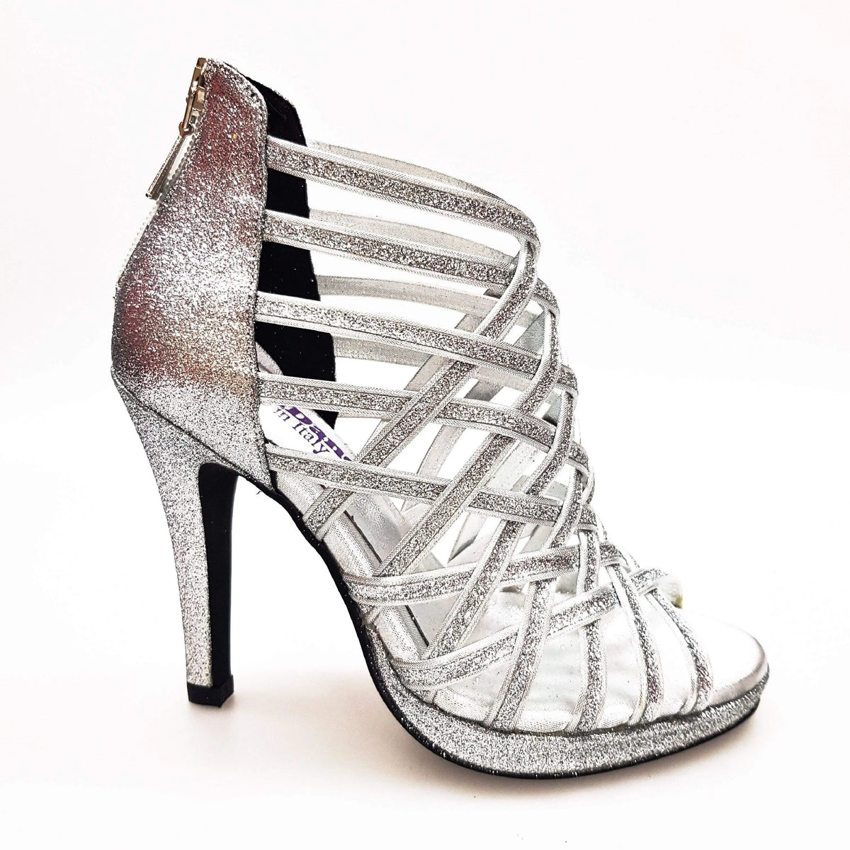 Scarpa da donna INTRIGO 780 Wish Dance Shop in glitter argento con tacco alto a spillo e plateau rivestito in glitter.