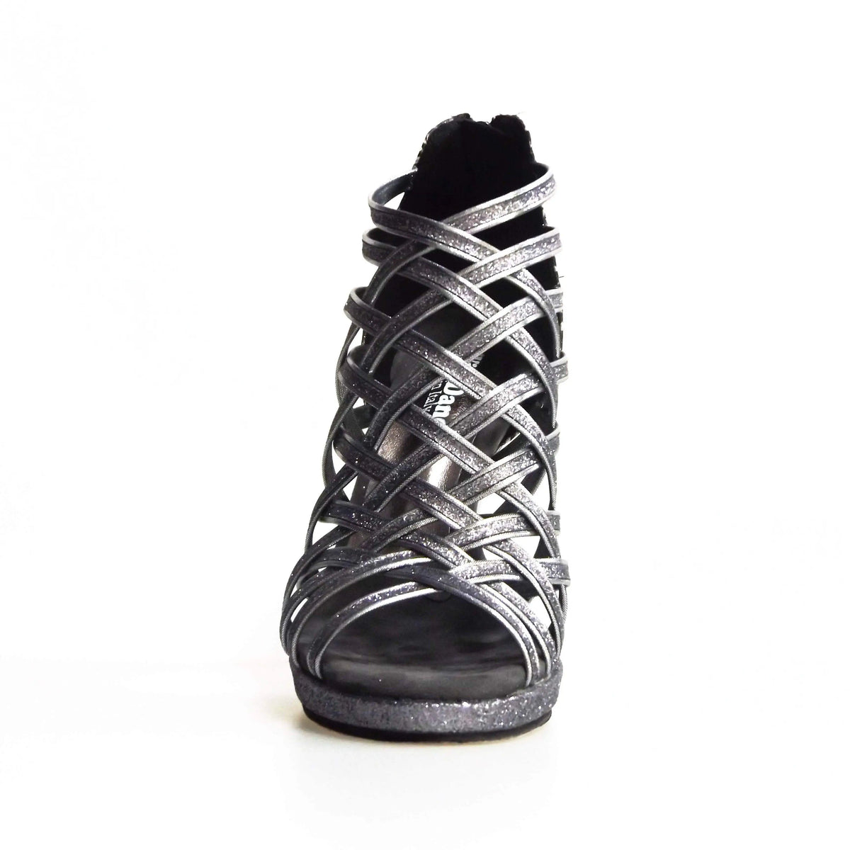 Scarpa da donna Intrigo (780) Wish Dance Shop in glitter carbon con tallone fiorato argento, tacco alto a spillo e plateau