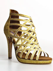 Load image into Gallery viewer, Sandalo da donna Wish Dance Shop Intrigo 780 in glitter oro con tacco a spillo e plateau, dettaglio elegante e brillante