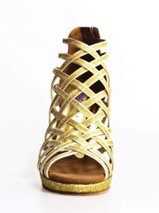 Load image into Gallery viewer, Sandalo da donna Intrigo in glitter oro di Wish Dance Shop con tacco a spillo e plateau, scarpa elegante e scintillante
