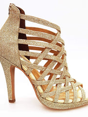 Load image into Gallery viewer, Scarpa da donna Wish Dance Shop Intrigo 780 in glitter platino con tacco a spillo e plateau, dettagli eleganti e lucenti.