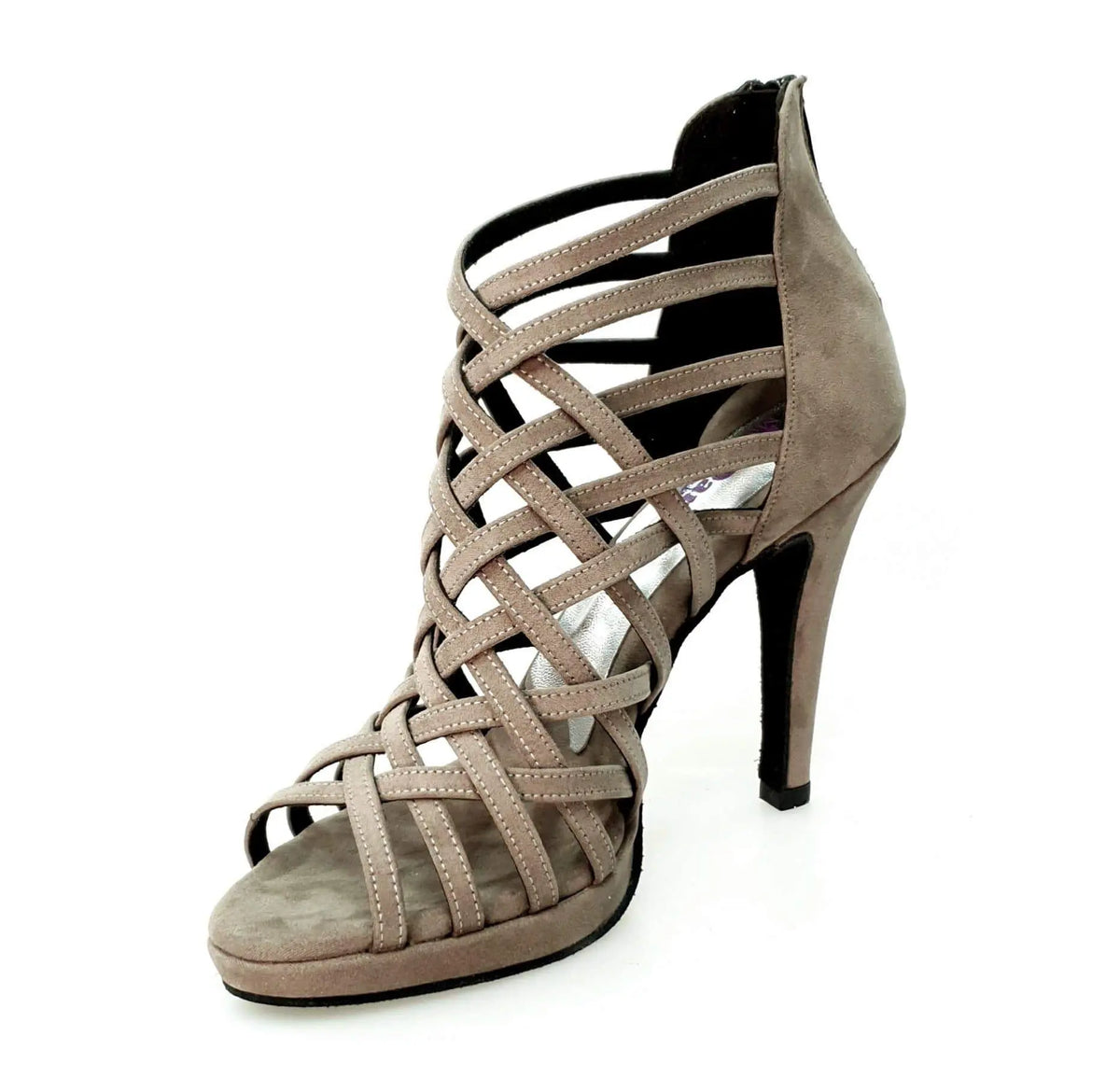Scarpa donna Wish Dance Shop Intrigo in camoscio grigio tortora con tacco a spillo largo e plateau, dettaglio elegante.