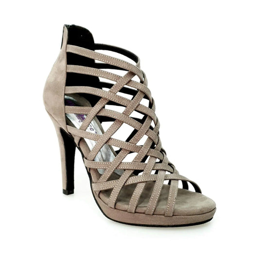 Scarpa da donna Intrigo (780) in camoscio grigio tortora con tacco a spillo largo e plateau, marca Wish Dance Shop.