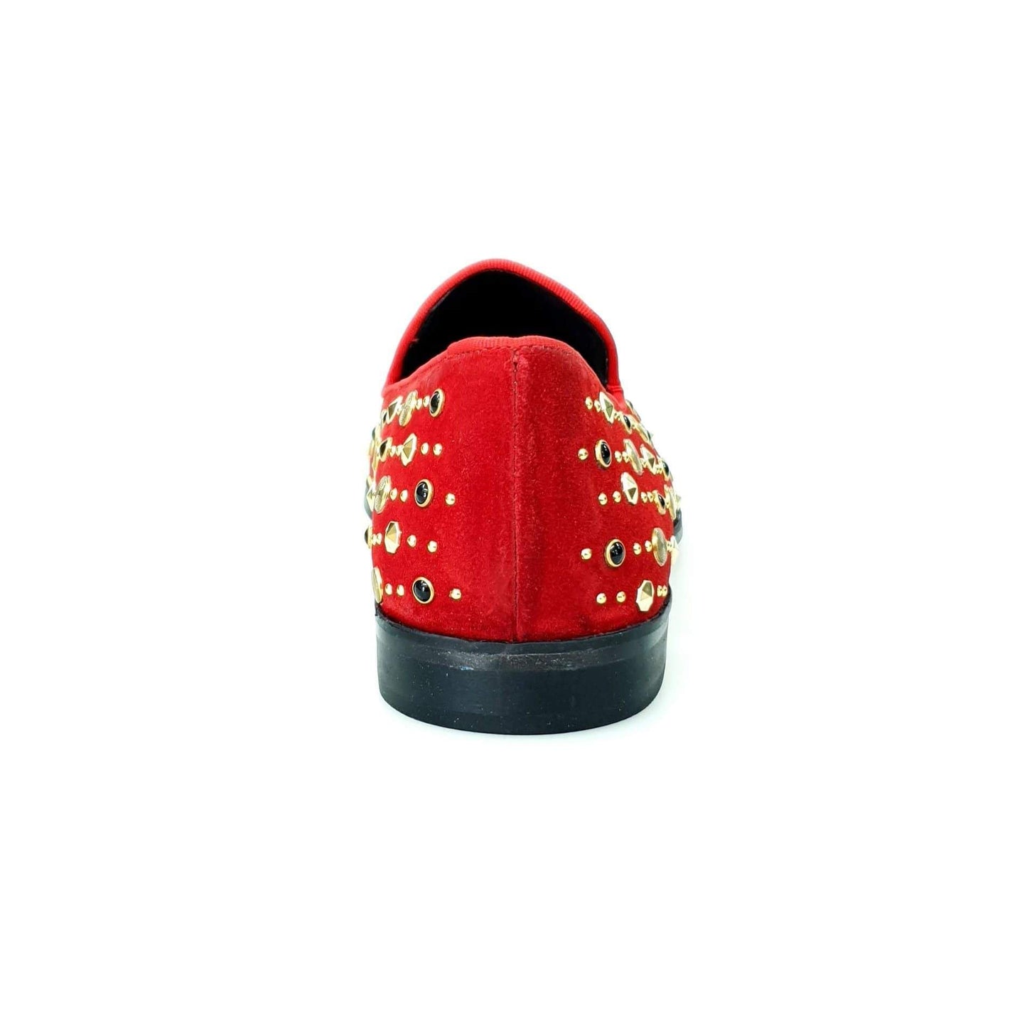 Scarpa mocassino Jack Sparrow Pirata in camoscio rosso con borchie oro e Swarovski neri, fondo in cuoio premium, Wish Dance Shop
