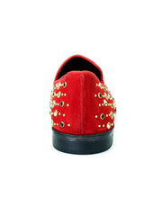 Carica immagine nella Galleria, Jack Sparrow Pirata (800PJ) - Mocassino da Uomo in Camoscio Rosso con Borchie Oro e Swarovski Neri incastonati Fondo Cuoio Premium Wish Dance Shop