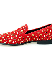 Carica immagine nella Galleria, Jack Sparrow Pirata (800PJ) - Mocassino da Uomo in Camoscio Rosso con Borchie Oro e Swarovski Neri incastonati Fondo Cuoio Premium Wish Dance Shop