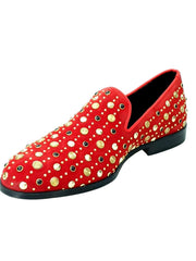 Carica immagine nella Galleria, Jack Sparrow Pirata (800PJ) - Mocassino da Uomo in Camoscio Rosso con Borchie Oro e Swarovski Neri incastonati Fondo Cuoio Premium