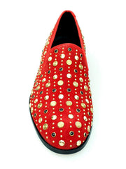 Carica immagine nella Galleria, Jack Sparrow Pirata (800PJ) - Mocassino da Uomo in Camoscio Rosso con Borchie Oro e Swarovski Neri incastonati Fondo Cuoio Premium Wish Dance Shop