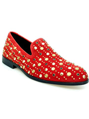 Carica immagine nella Galleria, Jack Sparrow Pirata (800PJ) - Mocassino da Uomo in Camoscio Rosso con Borchie Oro e Swarovski Neri incastonati Fondo Cuoio Premium Wish Dance Shop