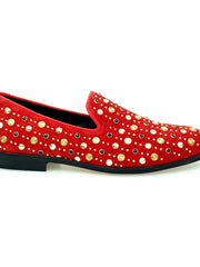 Carica immagine nella Galleria, Jack Sparrow Pirata (800PJ) - Mocassino da Uomo in Camoscio Rosso con Borchie Oro e Swarovski Neri incastonati Fondo Cuoio Premium Wish Dance Shop