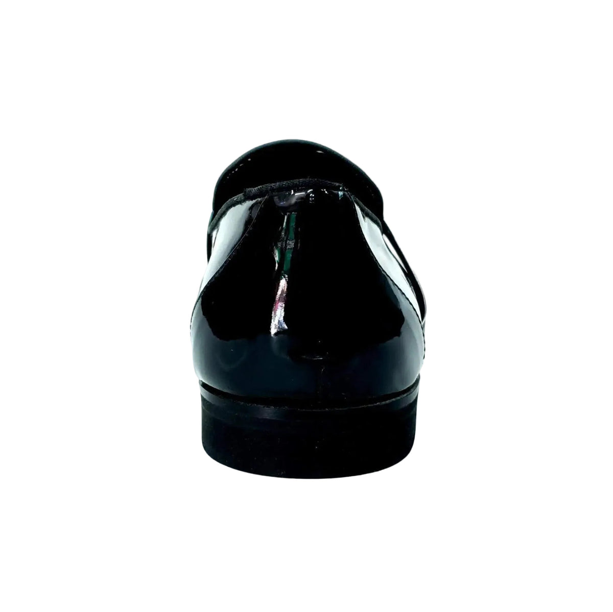 Mocassino uomo in vernice nera con fascia argento, scarpa elegante in pelle patentata, stile classico e raffinato.