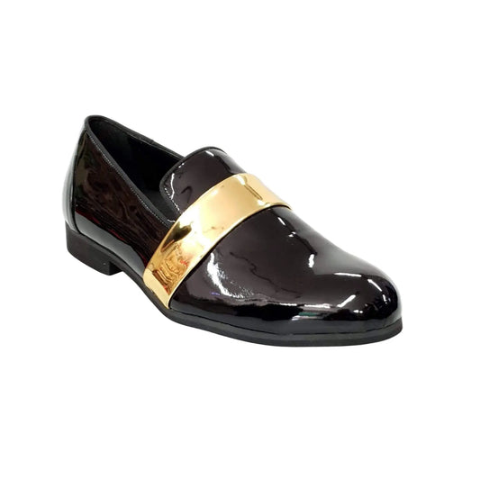 Mocassino uomo in pelle nera lucida con fascia oro, scarpa elegante in stile moccasino di Wish Dance Shop