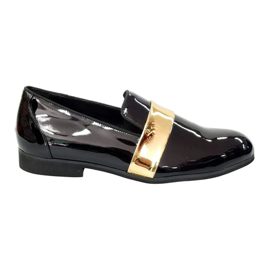 Scarpa mocassino uomo in pelle nera lucida con fascia oro, stile elegante e raffinato, brand Wish Dance Shop.