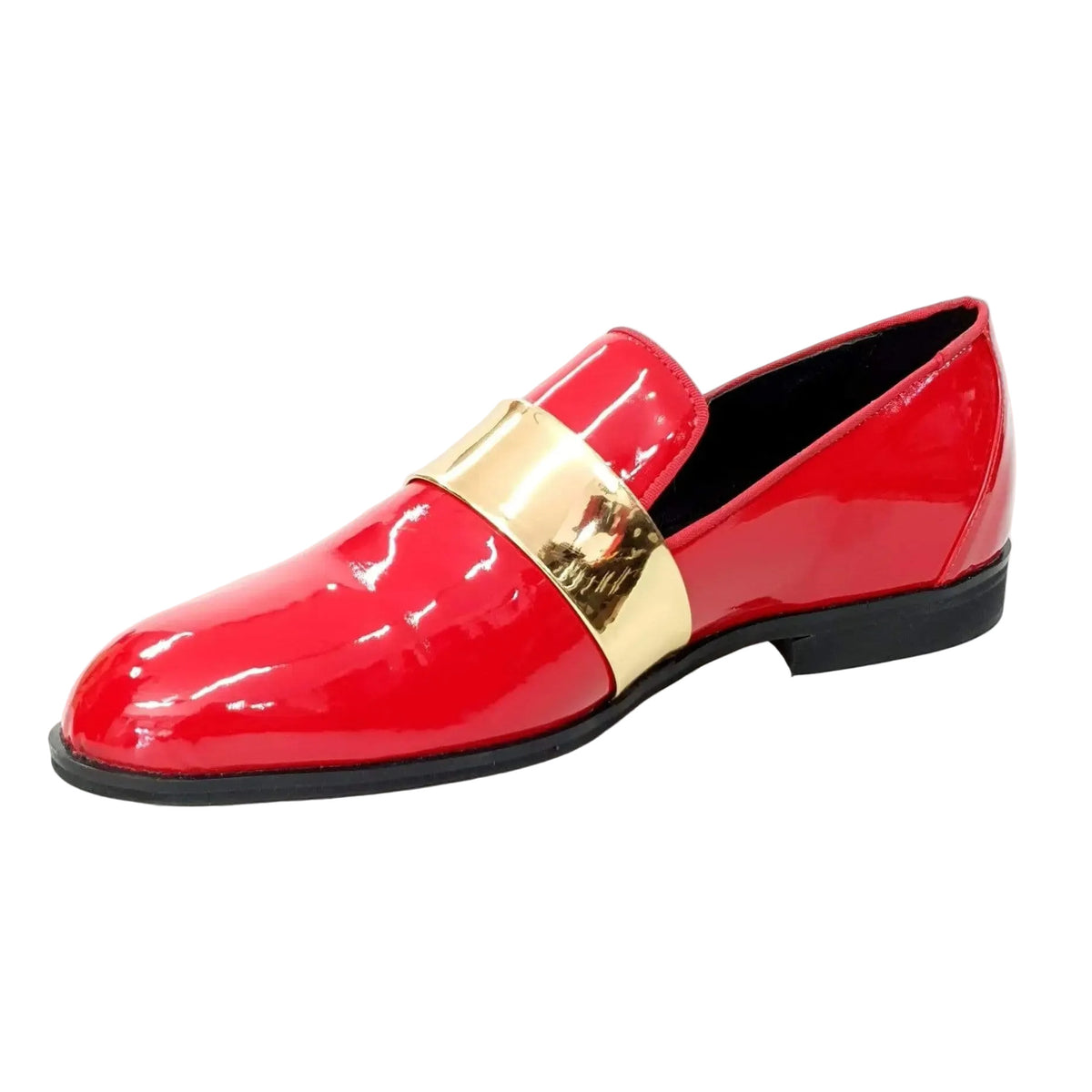 Mocassino Jackson in vernice rossa con fascia oro, foderato in vera pelle italiana, scarpe eleganti Wish Dance Shop