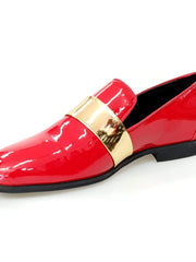 Carica immagine nella Galleria, Mocassino Jackson in vernice rossa con fascia oro, foderato in vera pelle italiana, scarpe eleganti Wish Dance Shop