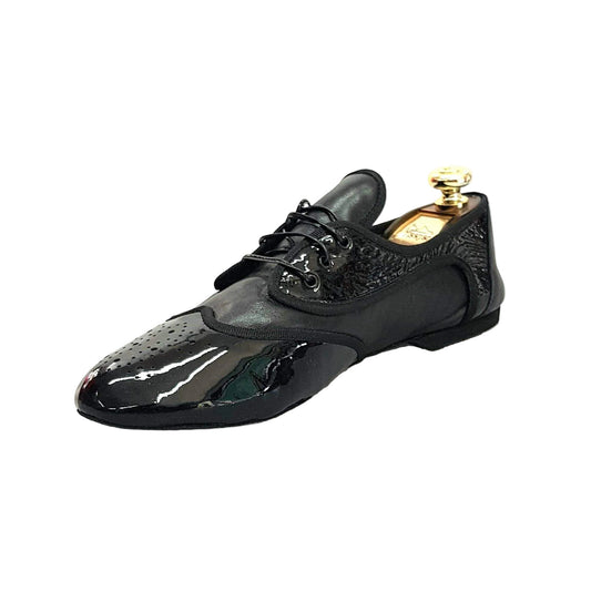 Scarpa jazz Gran Galà (Jazz 07) di Wish Dance Shop in pelle nera e vernice nera, con dettagli eleganti e suola resistente.