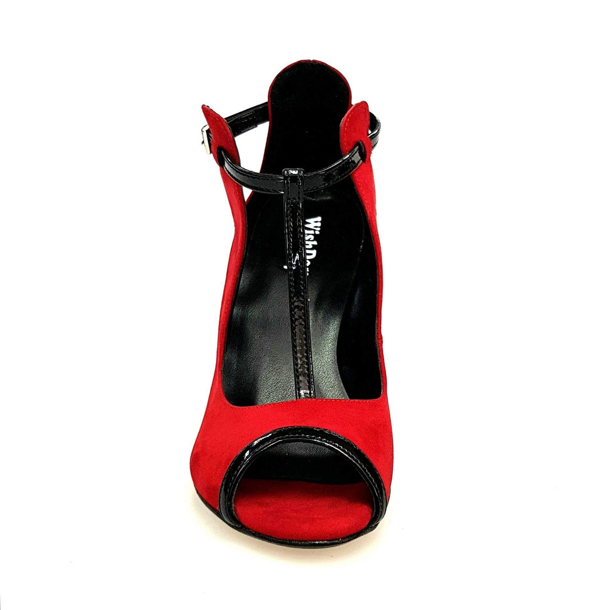 Scarpa Jenny Red in camoscio rosso con dettagli e cinturini in vernice nera, firma Wish Dance Shop.