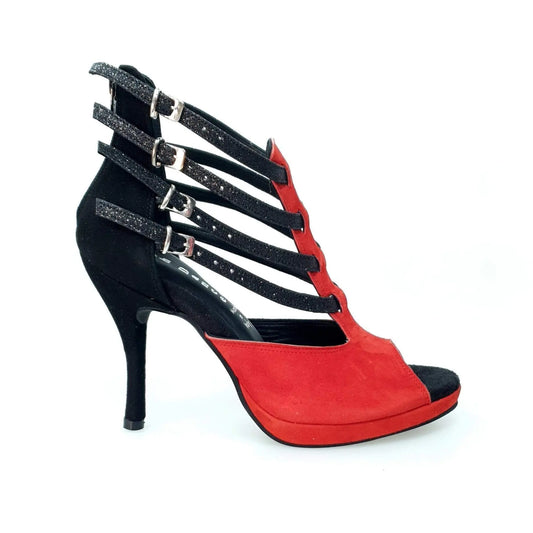 Scarpa donna Malon 779F in camoscio rosso e nero con cinturini in glitter e plateau, stile elegante e alla moda