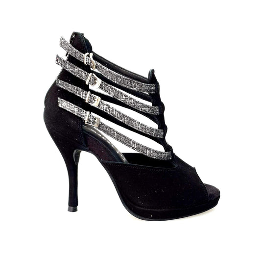 Scarpa donna in camoscio nero Wish Dance Shop Malon (779F) con cinturini fish carbon e plateau, stile elegante e moderno