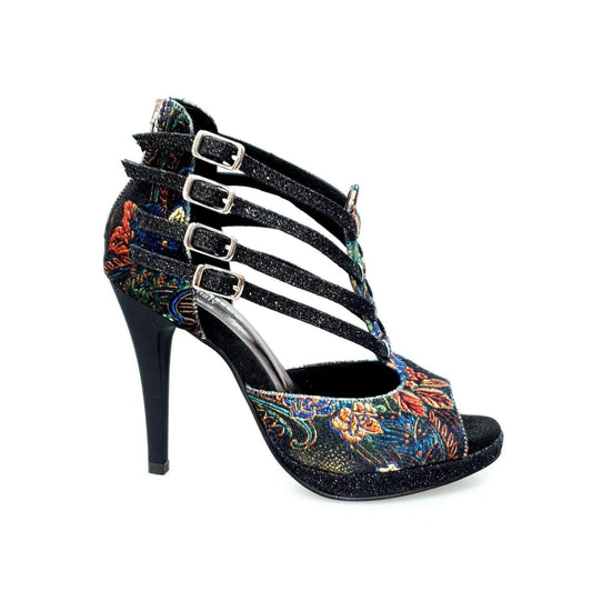 Scarpa da donna Lussuria in velluto nero con cinturini glitter, plateau e tacco a spillo, stile elegante e alla moda.