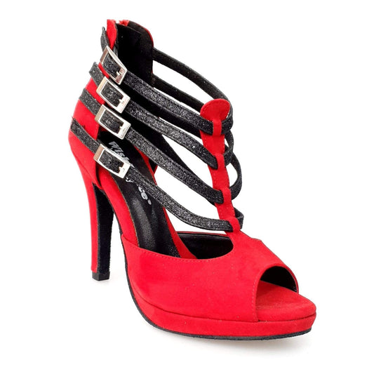 Scarpa da Ballo in Camoscio Rosso e Cinturini Glitter Nero Lussuria Wish Dance, vista laterale