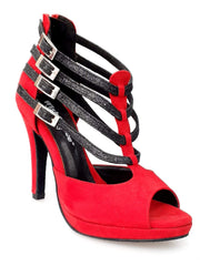 Carica immagine nella Galleria, Lussuria (779PLT) - Scarpa da Ballo in Camoscio Rosso e Cinturini Glitter Nero con Tacco a Spillo e Plateau Wish Dance Shop