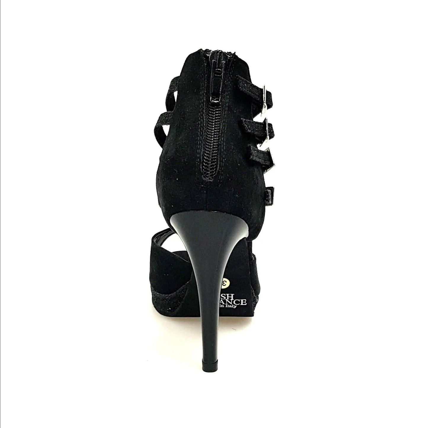 Scarpa donna Lussuria Wish Dance Shop in camoscio nero con cinturini glitter, plateau e tacco alto a spillo largo smaltato nero
