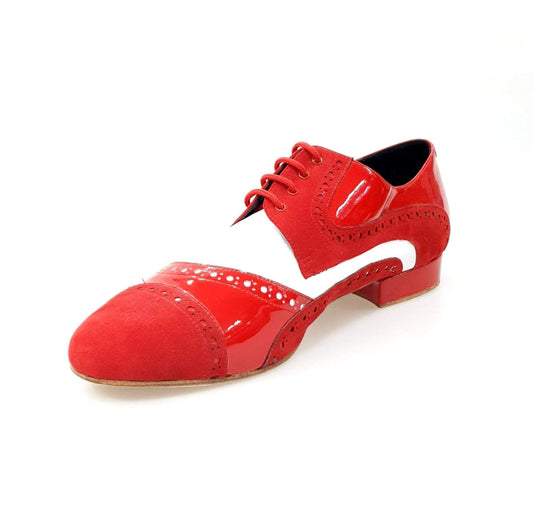 Scarpa stringata da uomo Magno (845) Wish Dance Shop in vernice rossa, camoscio e pelle bianca, modello Derby Brogue elegante