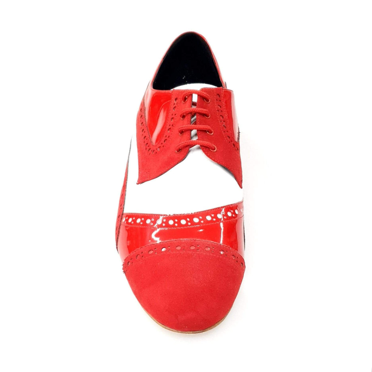 Scarpa Derby Brogue Magno da uomo in vernice e camoscio rosso con dettagli in pelle bianca, stile elegante e classico