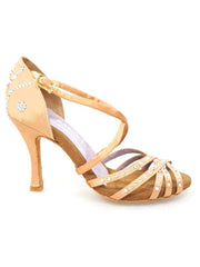 Carica immagine nella Galleria, MELODY QC Plus (45QC) - Scarpa da ballo da Donna in Raso Seta Carne con 5 strisce Senza Rete con cinturino incrociato sul collopiede e Swarovski Boreali Disegno Fantasy Tacco a Rocchettino Wish Dance Shop