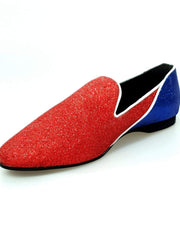 Load image into Gallery viewer, Mocassino Outlet 800BH in glitter rosso e blu royal, modello Cuba con profili bianchi, scarpa elegante e brillante.