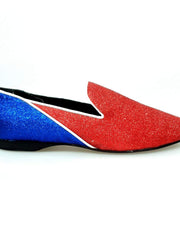 Load image into Gallery viewer, Mocassino Outlet in glitter rosso e blu royal, modello Cuba con profili bianchi, scarpa elegante in stile casual.