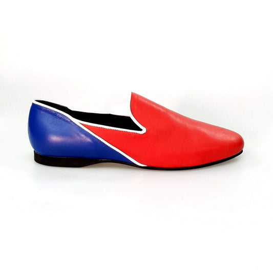 Mocassino Outlet in pelle rossa e blu royal modello Cuba con profili bianchi, scarpe eleganti e di alta qualità