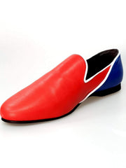 Carica immagine nella Galleria, Mocassino Outlet in pelle rossa e blu royal modello Cuba con profili bianchi, elegante calzatura uomo.