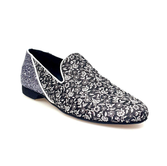 Mocassino uomo Doge Wish Dance Shop in tessuto veneziano fiorato silver con tallone in cristallo grigio carbon rivestito in vera pelle