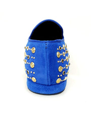 Carica immagine nella Galleria, Jack Sparrow Pirata (800PW) - Mocassino da Uomo in Camoscio Blu Royal con Borchie Oro e Swarovski Neri Incastonati Wish Dance Shop