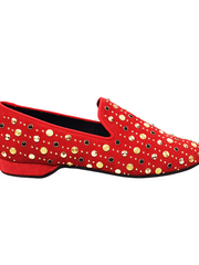 Load image into Gallery viewer, Wish Dance Shop Mocassino Jack Sparrow in Camoscio Rosso Swarovski Neri incastonati con Borchie grandi e piccole dorate