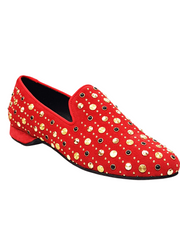 Load image into Gallery viewer, Wish Dance Shop Mocassino Jack Sparrow in Camoscio Rosso Swarovski Neri incastonati con Borchie grandi e piccole dorate