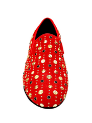 Load image into Gallery viewer, Wish Dance Shop Mocassino Jack Sparrow in Camoscio Rosso Swarovski Neri incastonati con Borchie grandi e piccole dorate
