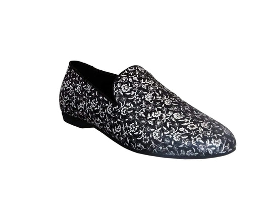 Mocassino da uomo Serse (800) in tessuto fiorato veneziano color argento, stile elegante e sofisticato.