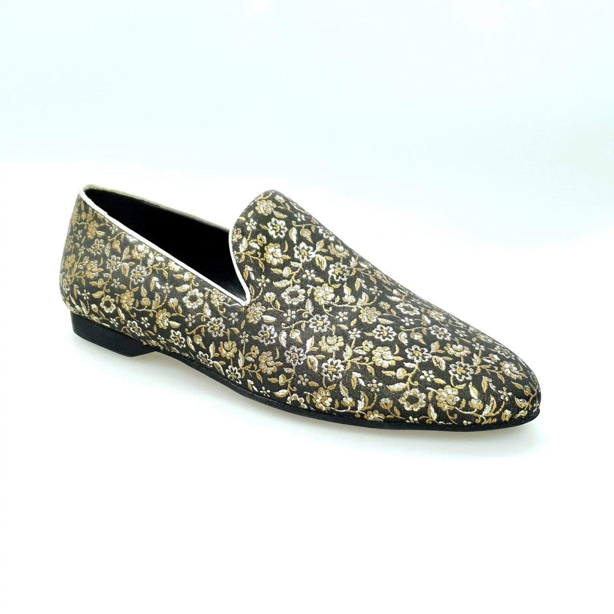 Mocassino da uomo Serse (800) in tessuto fiorato veneziano oro, scarpa elegante di Wish Dance Shop.