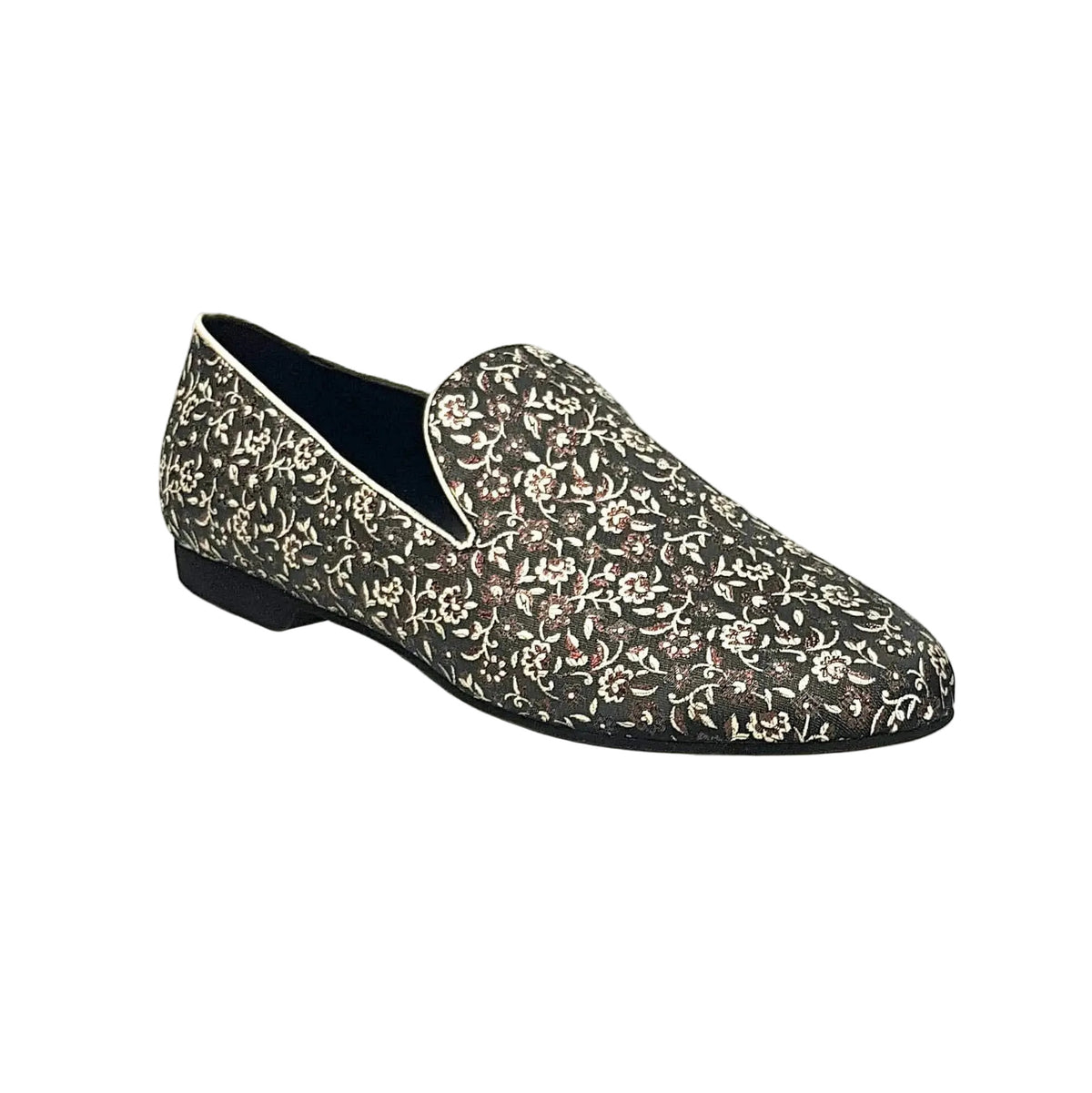 Mocassino da Uomo in Tessuto Veneziano Fiorato Brown Serse Wish Dance, vista tre quarti