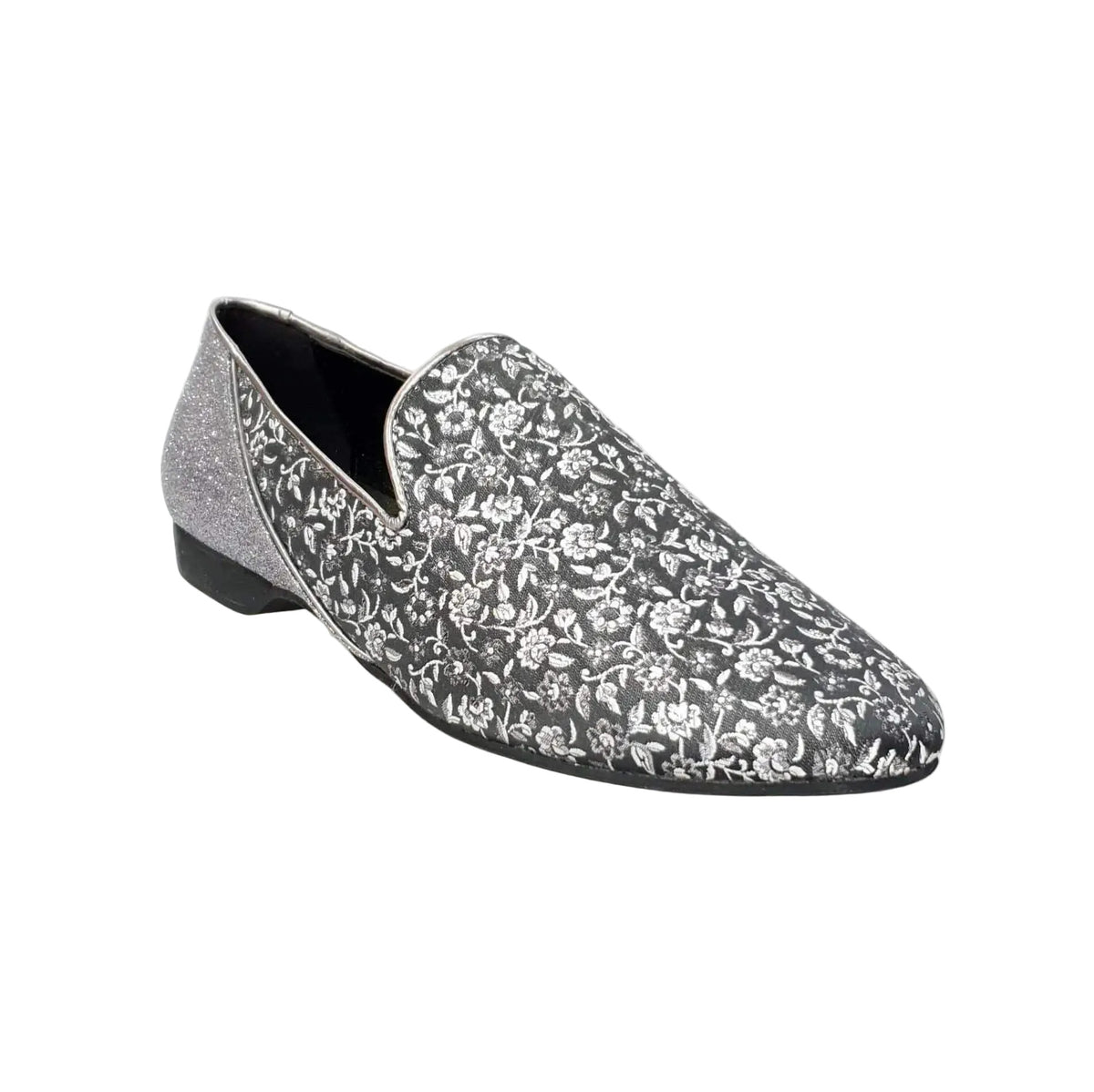 Scarpa da uomo Serse (800B) in tessuto veneziano grigio con tallone in glitter carbon, mocassino elegante e alla moda.