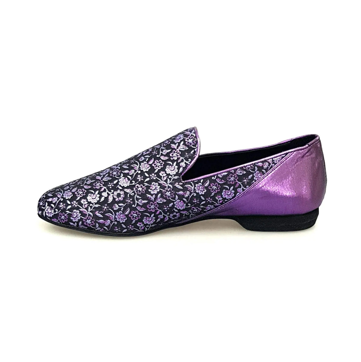 Scarpa mocassino da uomo Serse (800B) in tessuto viola con dettaglio veneziano e tallone lurex viola, marca Wish Dance Shop.