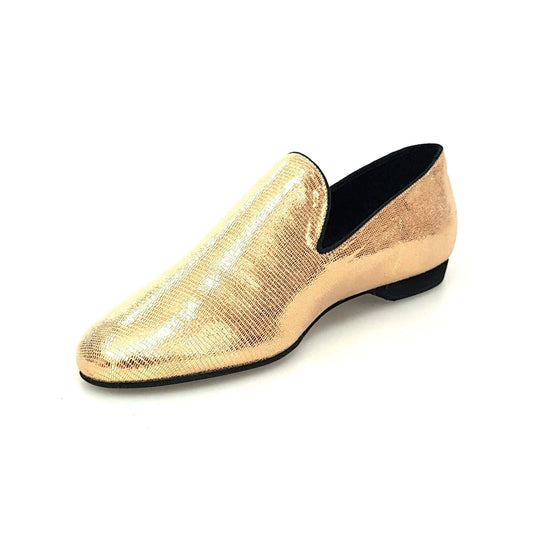 Scarpa mocassino da uomo in pelle lavorata stile lucertola oro, elegante e raffinata, marca Wish Dance Shop.