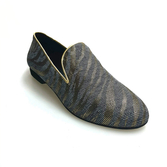 Scarpa mocassino da uomo Serse in lurex con stampa zebrata dorata, elegante e lucida, di Wish Dance Shop.