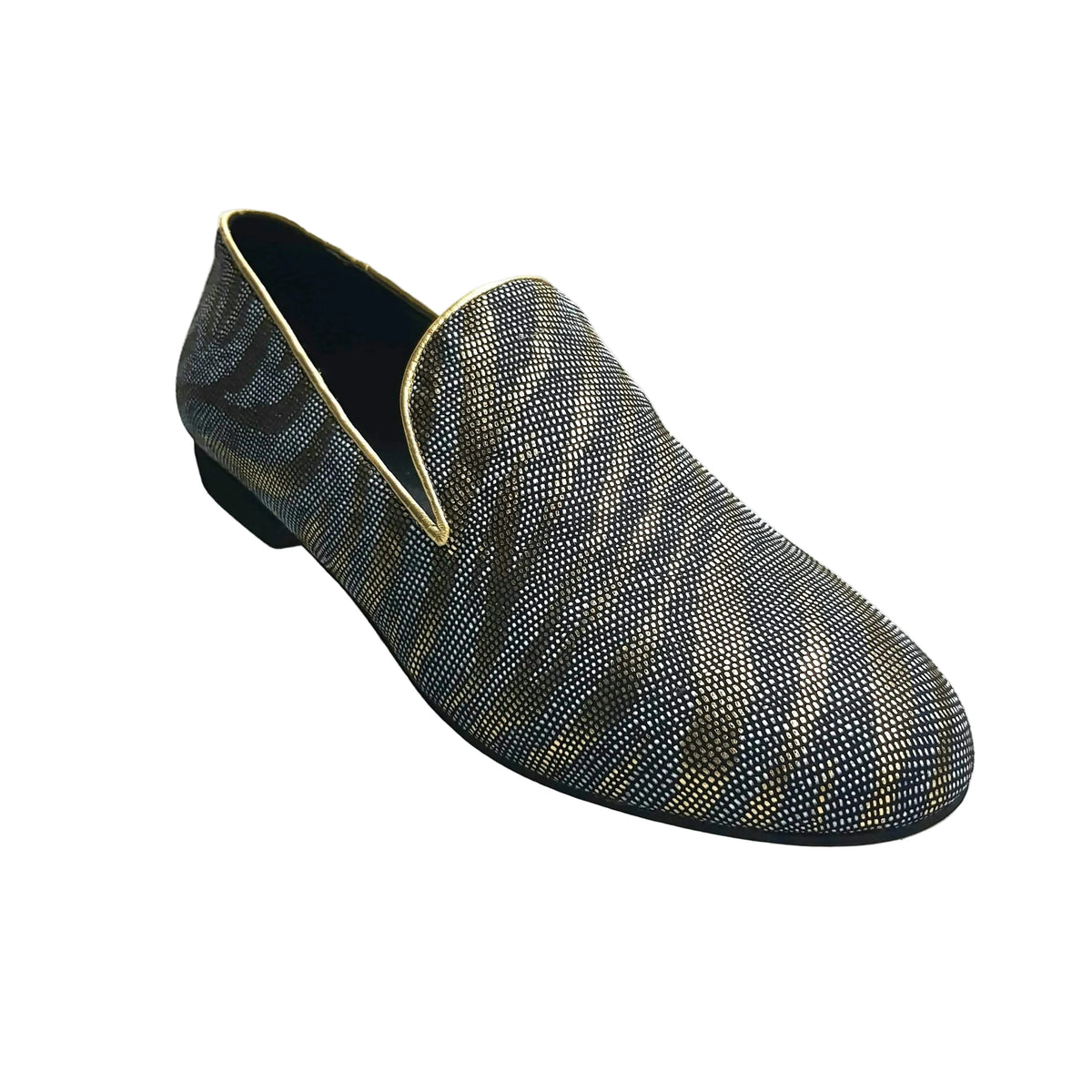 Scarpa mocassino da uomo Serse in lurex con stampa zebrata dorata, elegante e lucida, di Wish Dance Shop.