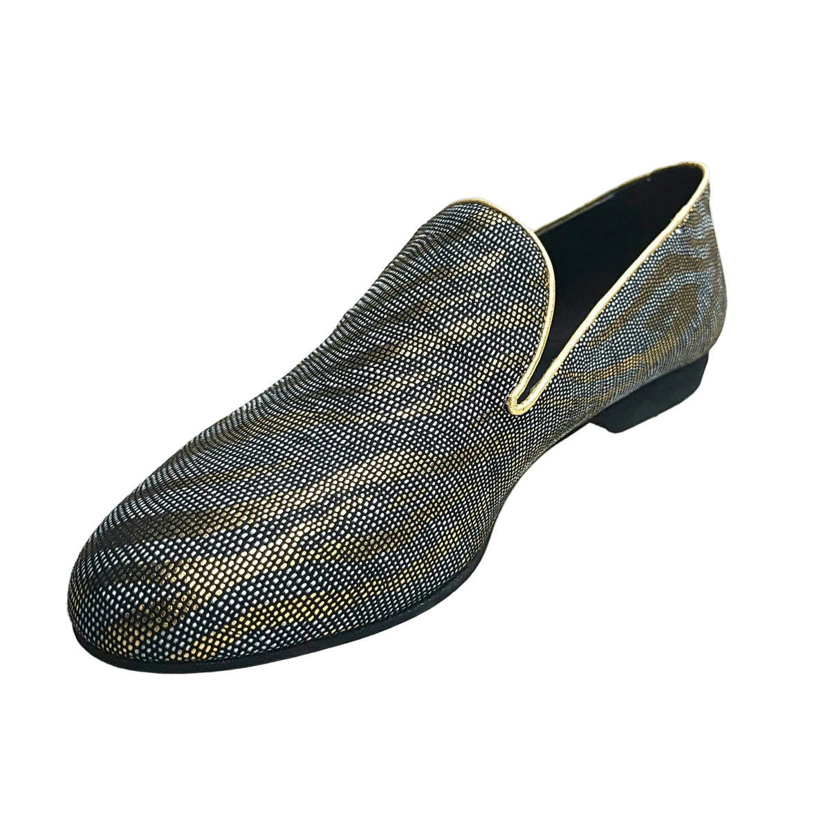 Mocassino da uomo Serse (800) in lurex zebrato oro, scarpa elegante con dettaglio lucido, modello Wish Dance Shop.