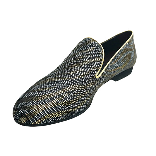 Mocassino da uomo Serse (800) in lurex zebrato oro, scarpa elegante con dettaglio lucido, modello Wish Dance Shop.